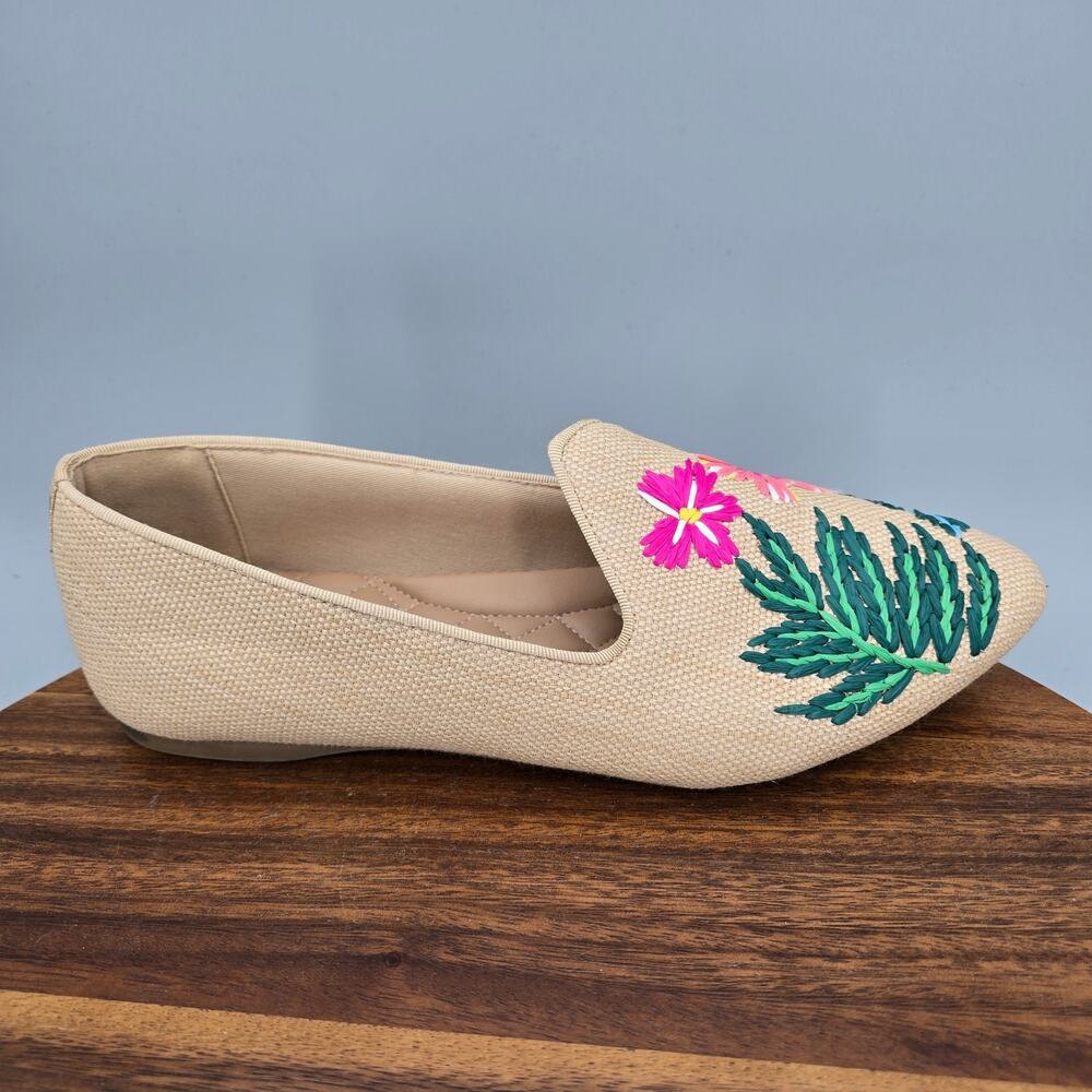 Birdies The Heron Flats Womens 10 Tan Woven Raffia Embroidered Loafers Shoes